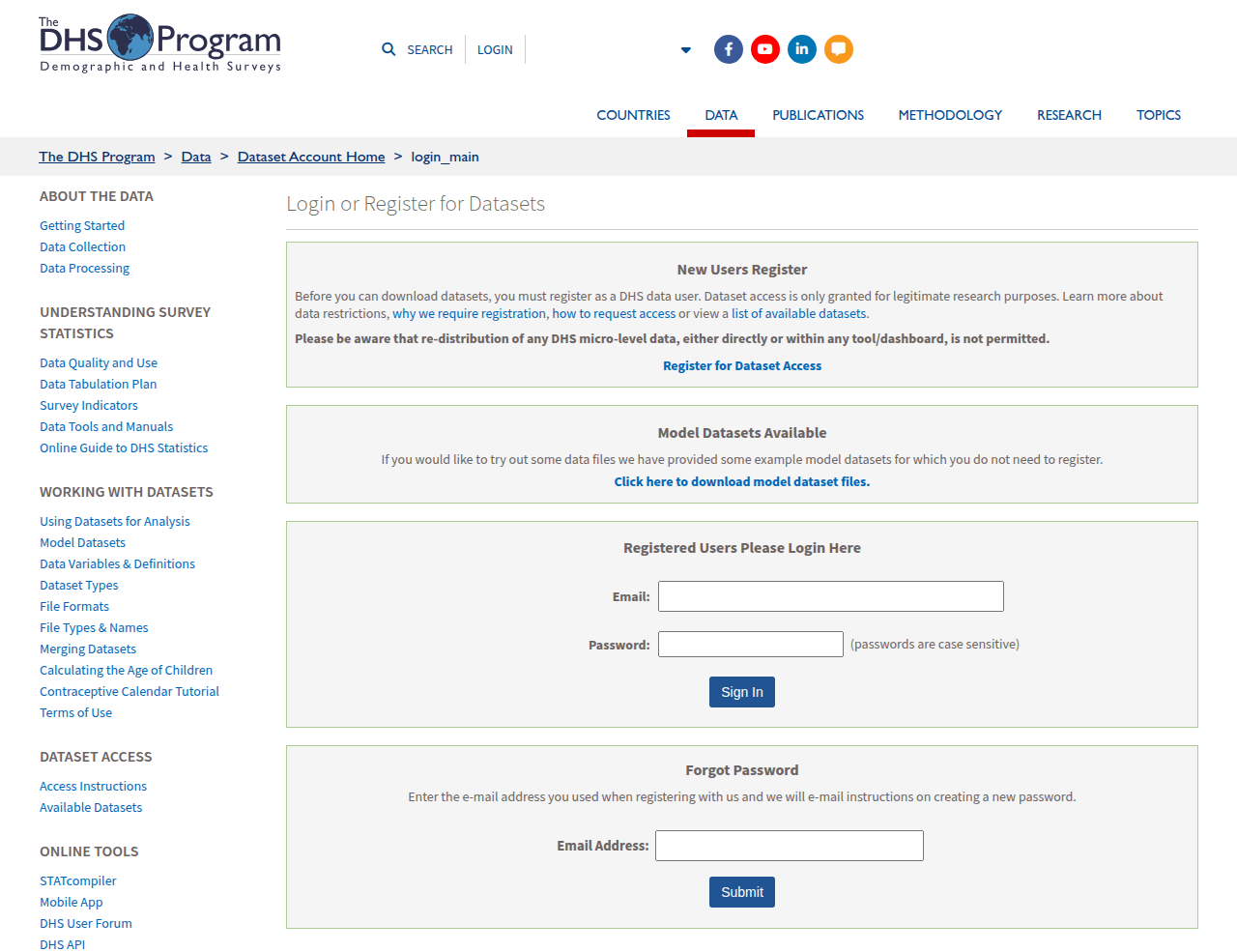 Screenshot of the DHS Program "Login or Register for Datasets" page.