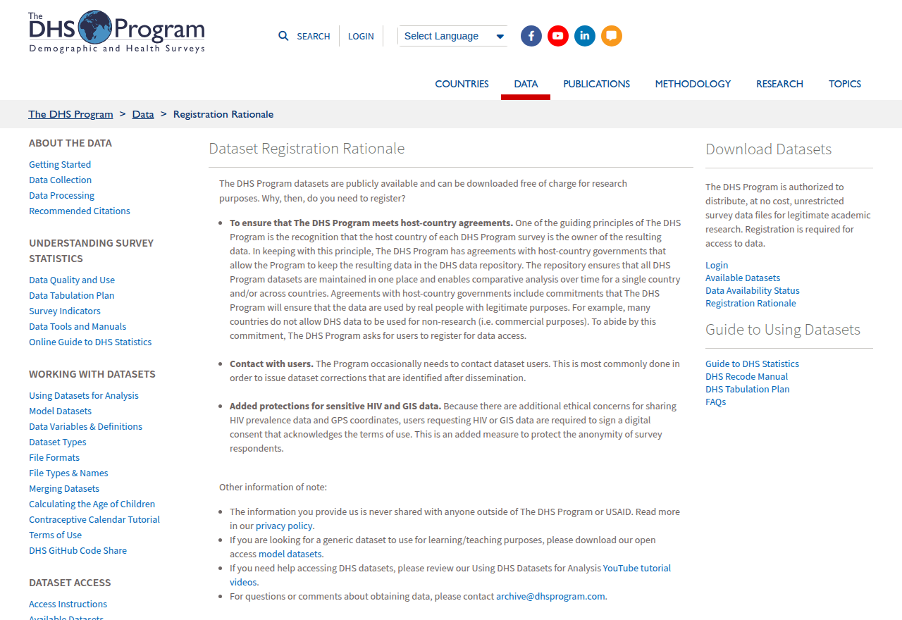 Screenshot of the DHS Program "Dataset Registration Rationale" page.