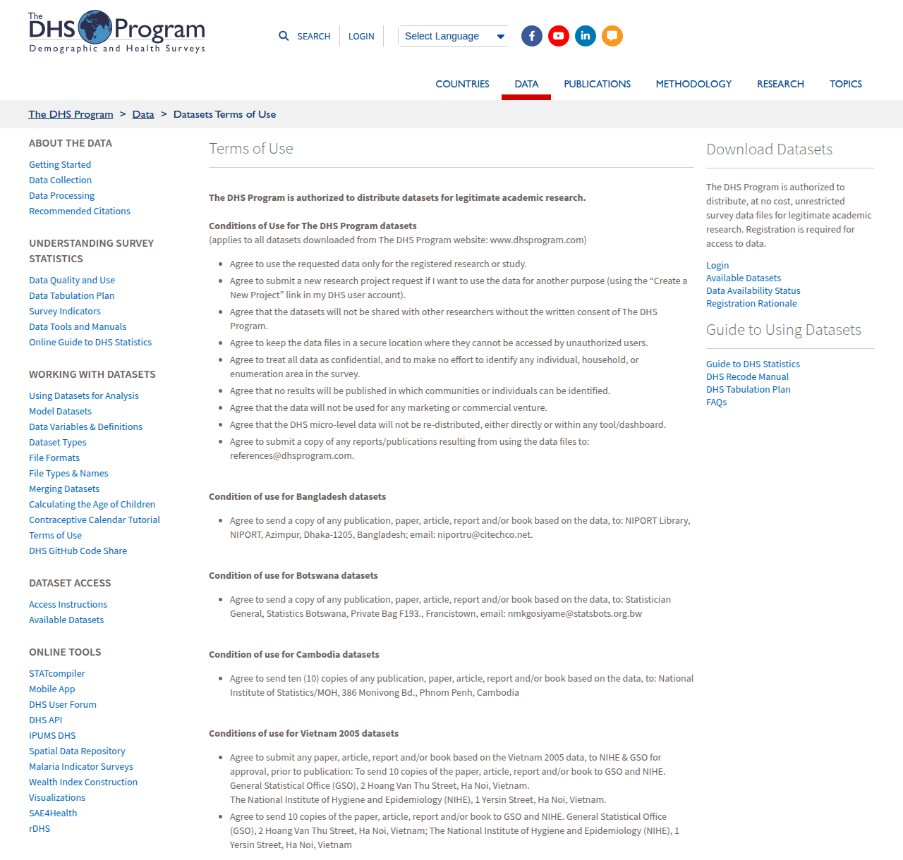 Screenshot of the DHS Program "Terms of Use" page.