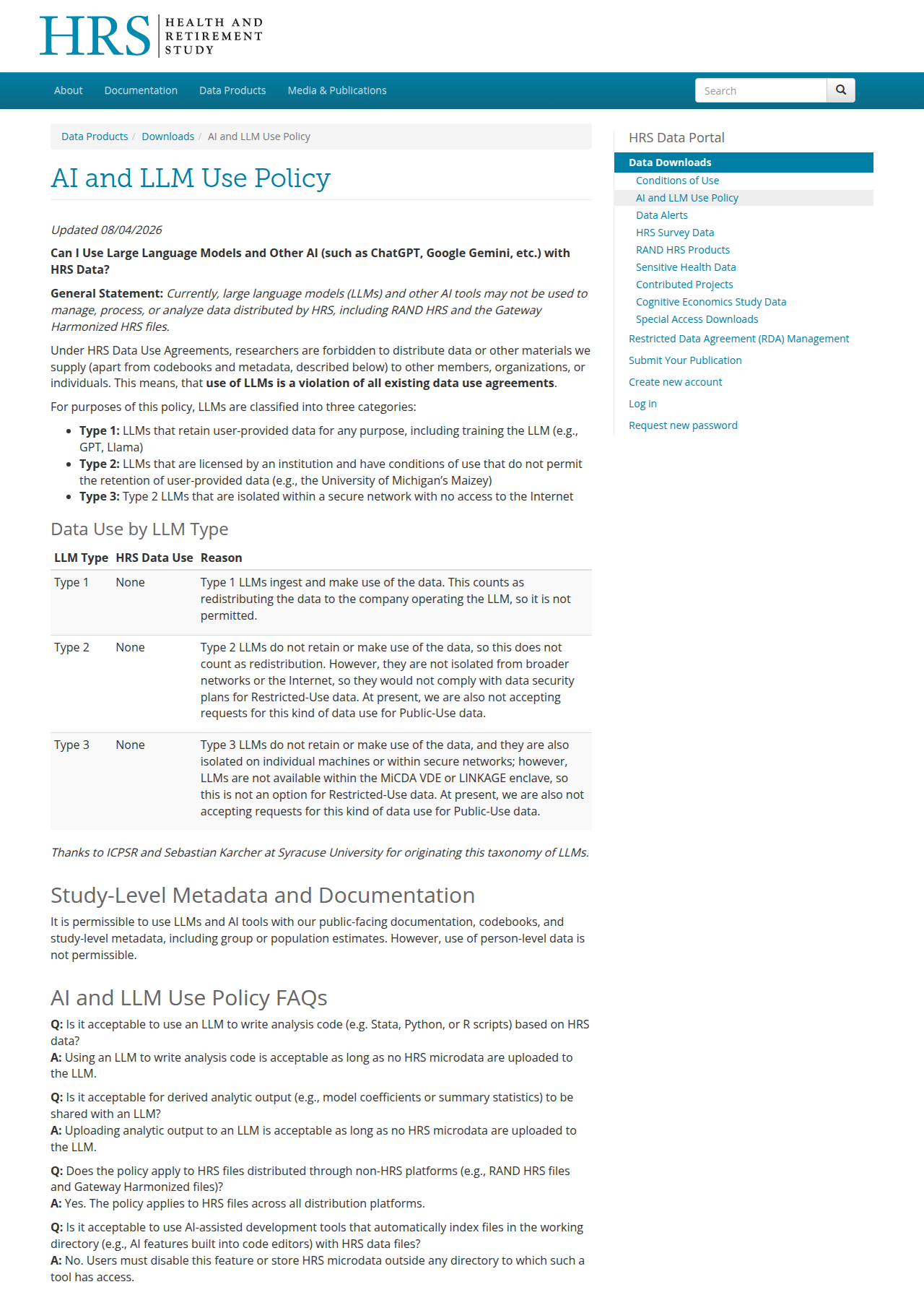 Screenshot of the HRS "AI and LLM Use Policy" page.