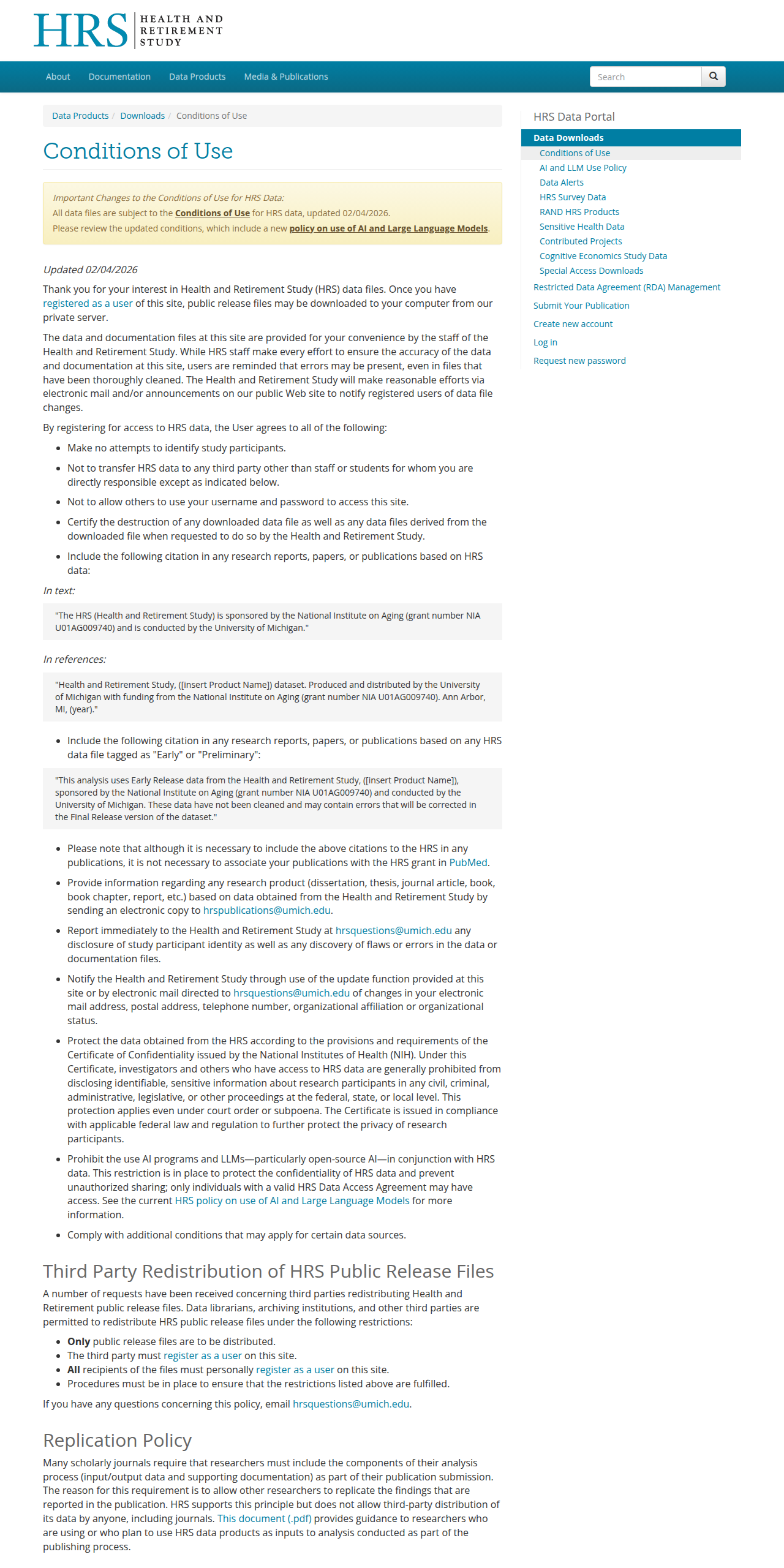 Screenshot of the HRS "Conditions of Use" page.