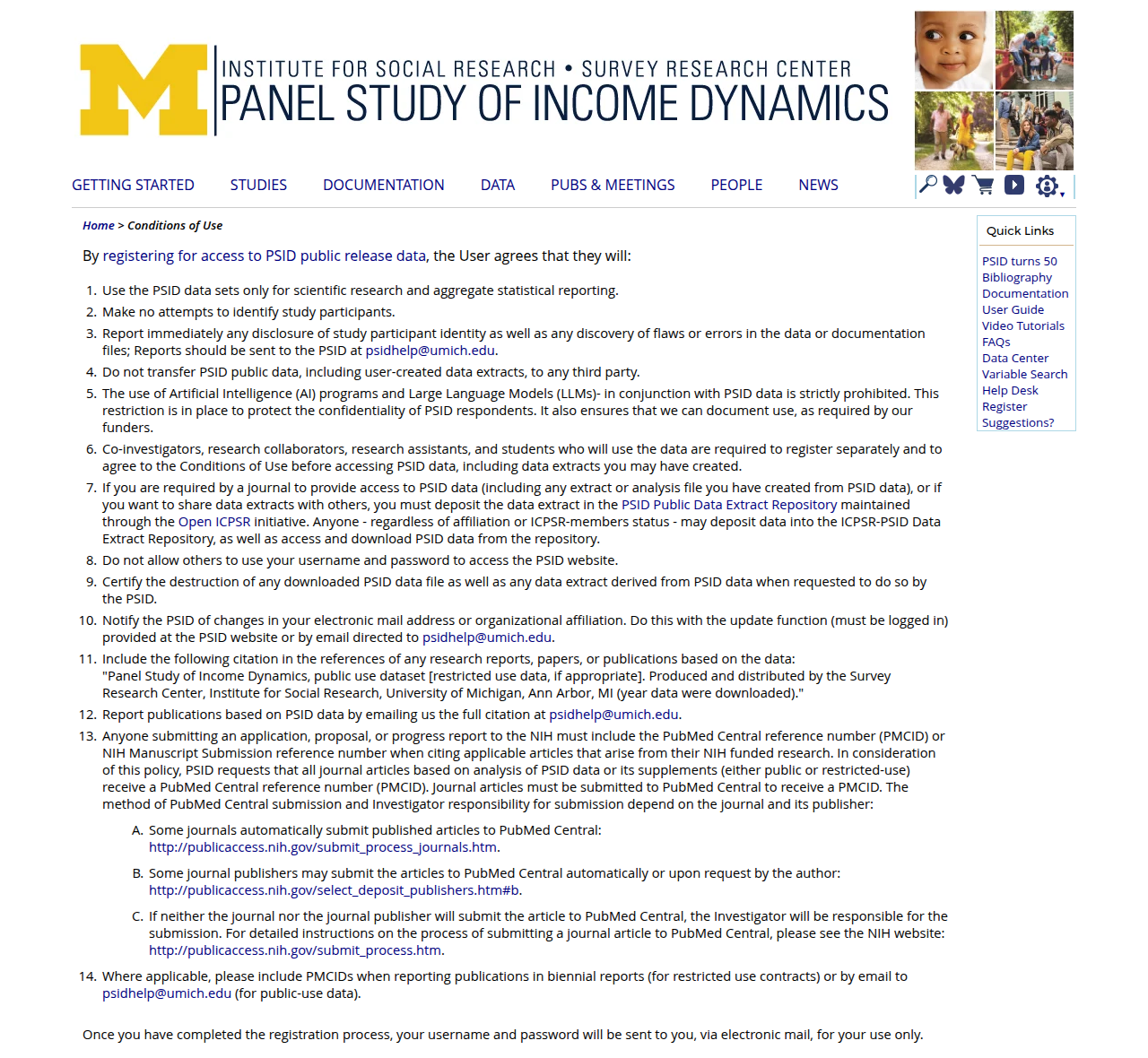 Screenshot of the PSID "Conditions of Use" page.